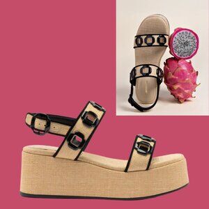 Larroude Milan Flatform In Beige Raffia and Black Trimming